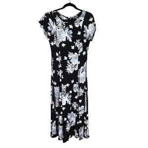 Vintage 90s Datiani Maxi Dress Womens 10 Black Blue Floral Cottagecore Romantic